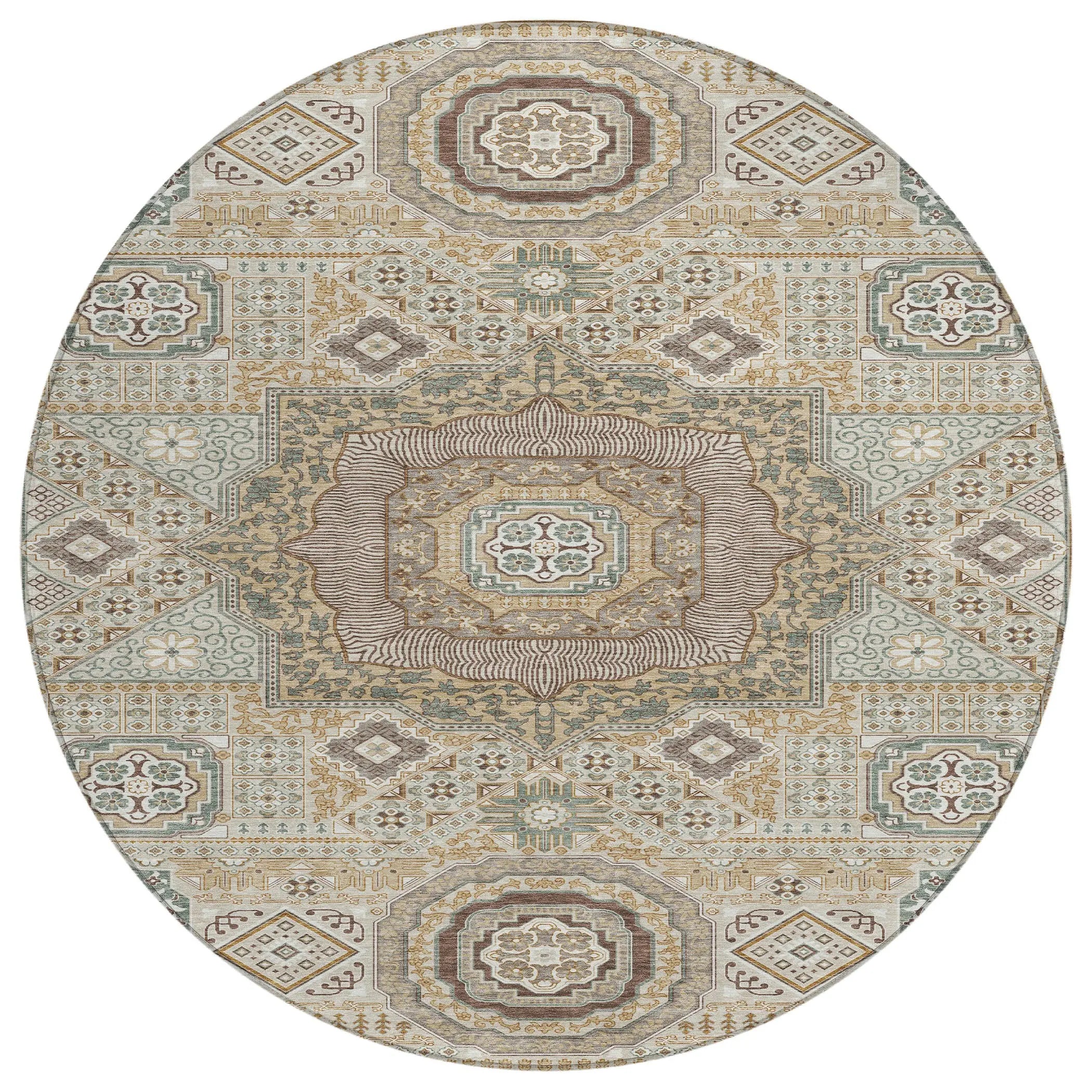 8' Beige And Ivory Round Oriental Washable Indoor Outdoor Area Rug Homeroots Outdoor