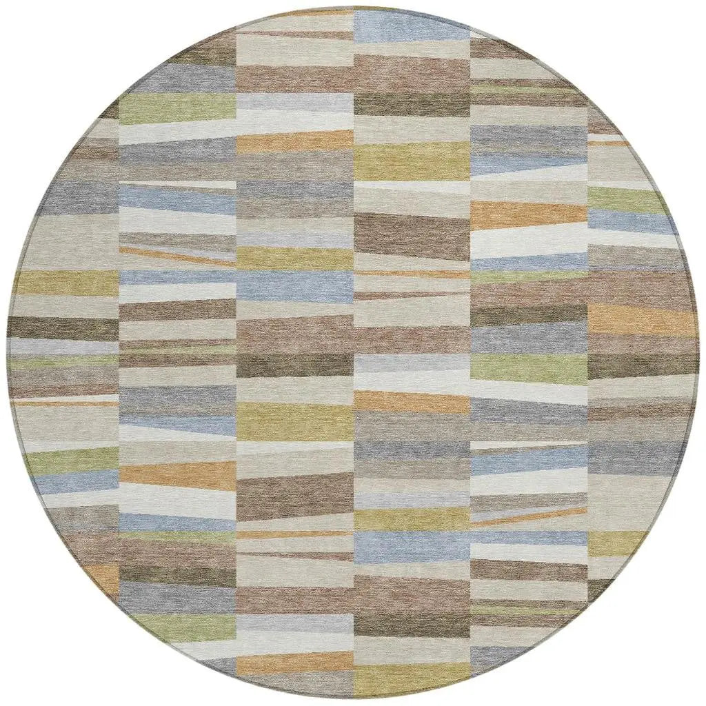 8' Beige And Ivory Round Striped Washable Indoor Outdoor Area Rug Homeroots Outdoor