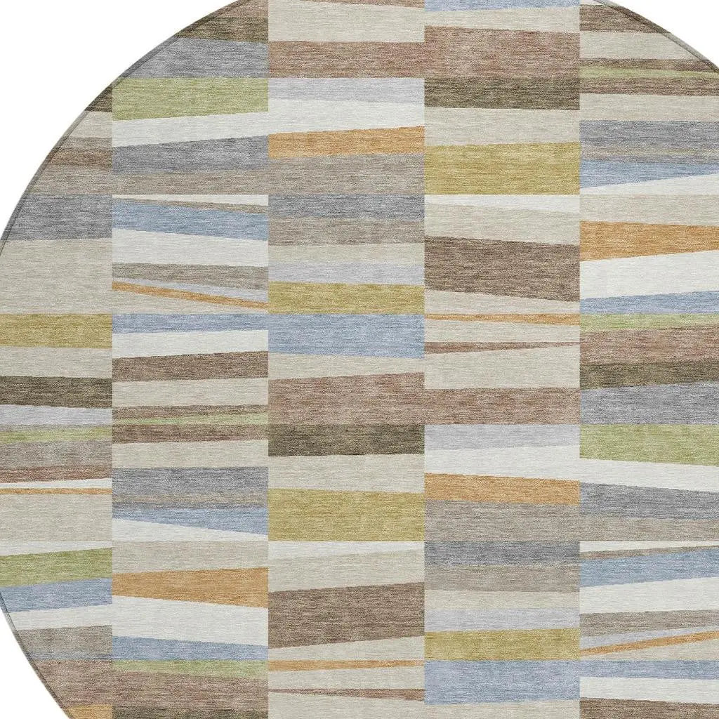 8' Beige And Ivory Round Striped Washable Indoor Outdoor Area Rug Homeroots Outdoor