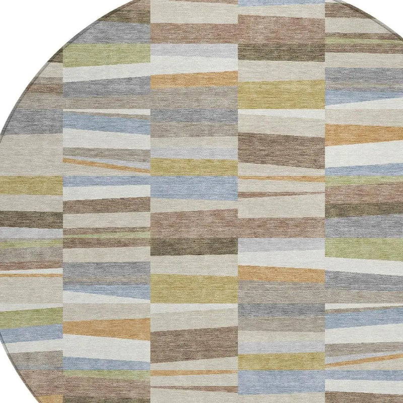 8' Beige And Ivory Round Striped Washable Indoor Outdoor Area Rug Homeroots Outdoor