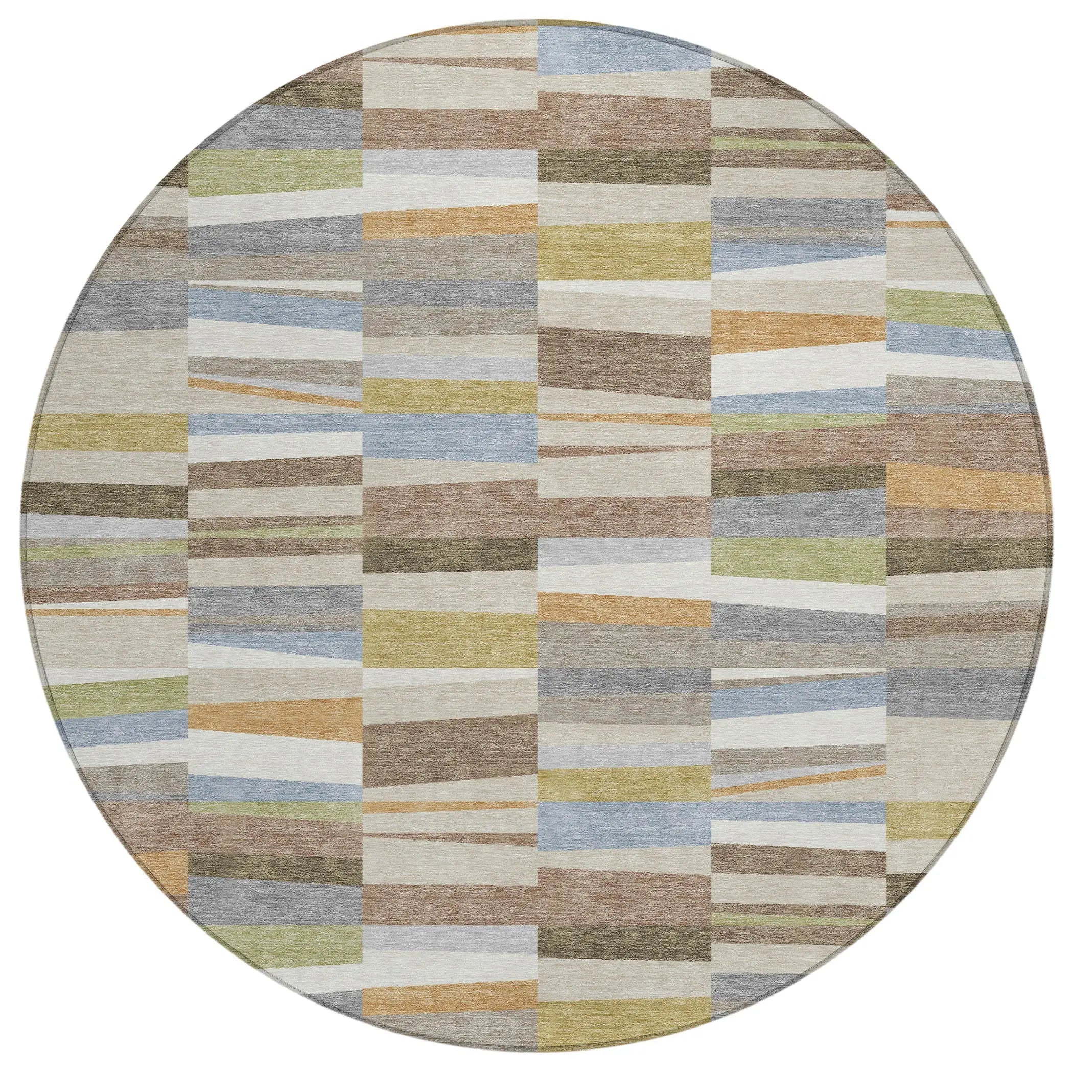 8' Beige And Ivory Round Striped Washable Indoor Outdoor Area Rug Homeroots Outdoor