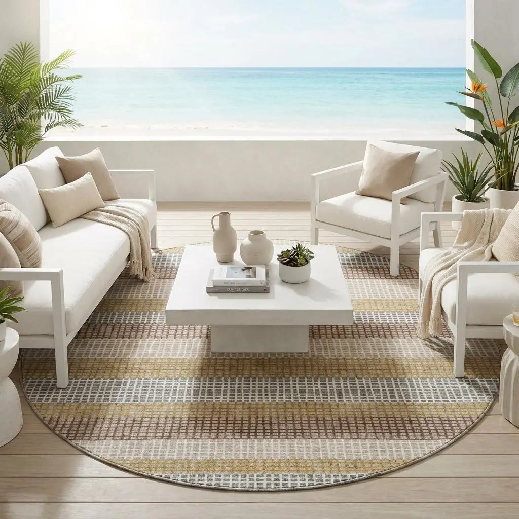 8' Beige And Ivory Round Striped Washable Indoor Outdoor Area Rug Homeroots Outdoor