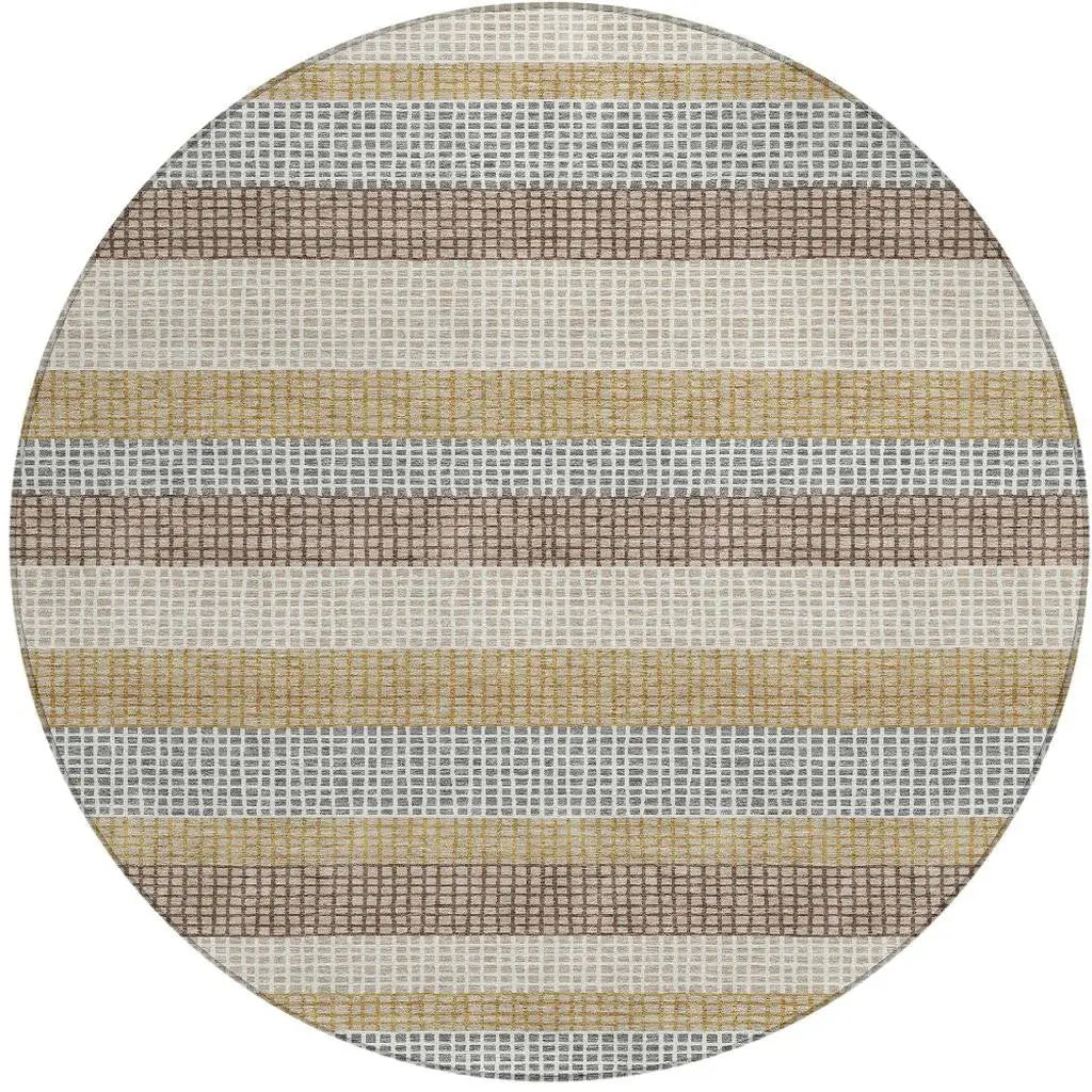 8' Beige And Ivory Round Striped Washable Indoor Outdoor Area Rug Homeroots Outdoor