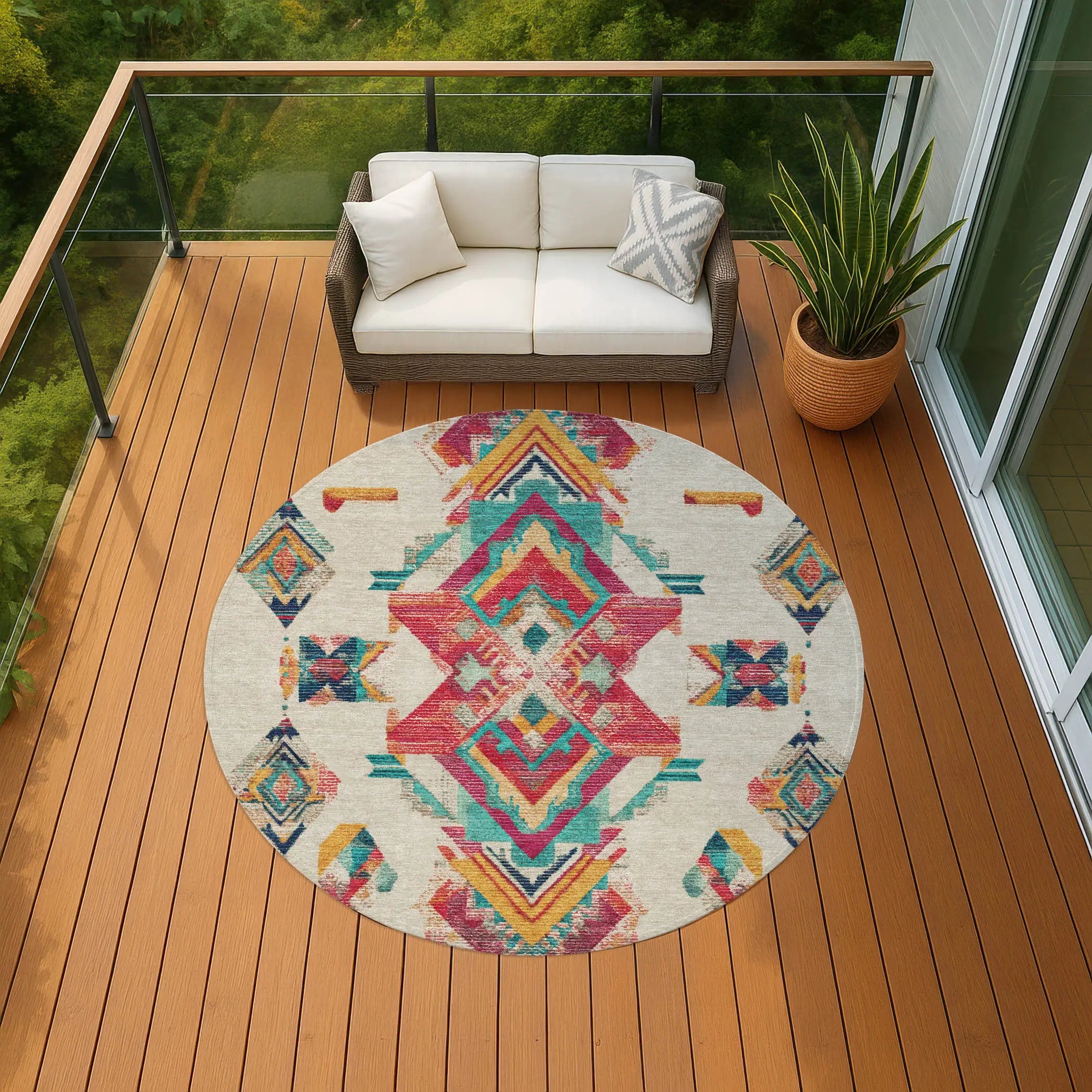 8' Beige And Ivory Round Tribal Washable Indoor Outdoor Area Rug Homeroots Outdoor