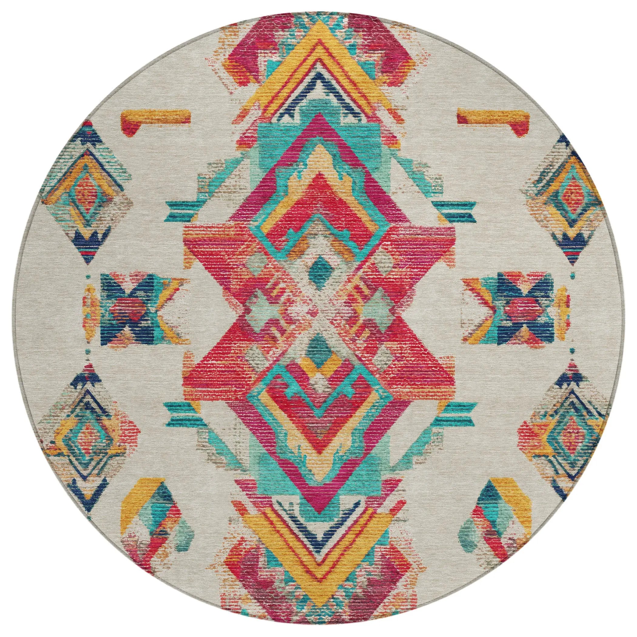 8' Beige And Ivory Round Tribal Washable Indoor Outdoor Area Rug Homeroots Outdoor