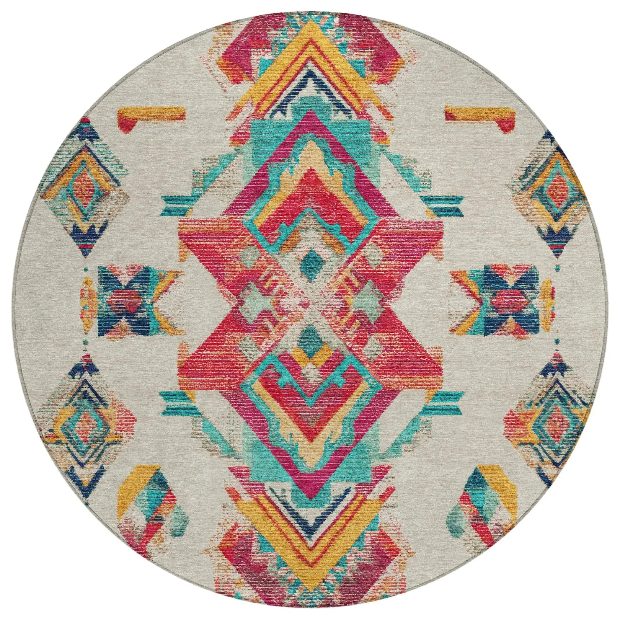8' Beige And Ivory Round Tribal Washable Indoor Outdoor Area Rug Homeroots Outdoor