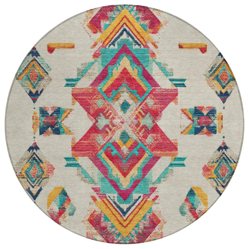 8' Beige And Ivory Round Tribal Washable Indoor Outdoor Area Rug Homeroots Outdoor
