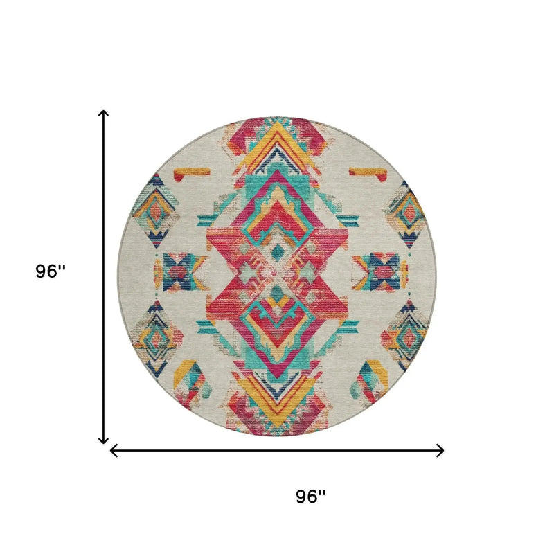 8' Beige And Ivory Round Tribal Washable Indoor Outdoor Area Rug Homeroots Outdoor