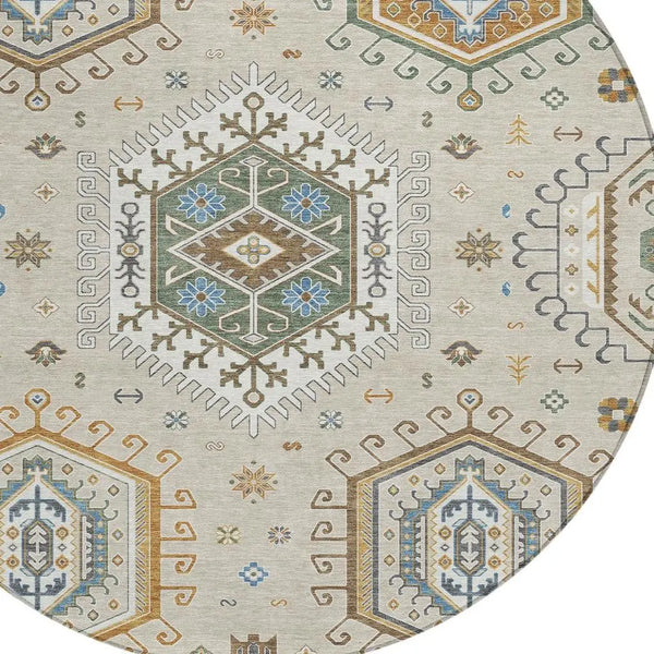 8' Beige And Ivory Round Tribal Washable Indoor Outdoor Area Rug Homeroots Outdoor