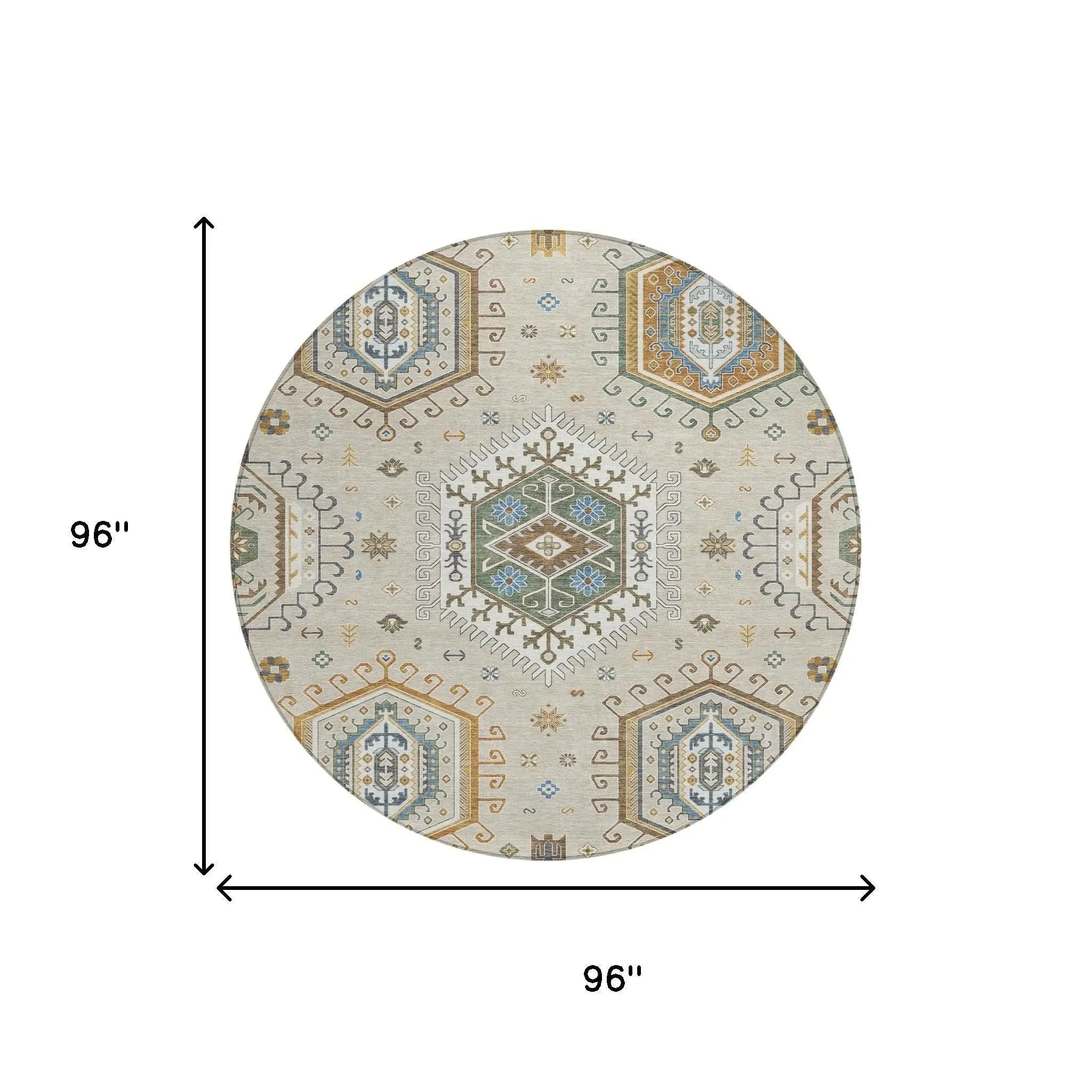 8' Beige And Ivory Round Tribal Washable Indoor Outdoor Area Rug Homeroots Outdoor