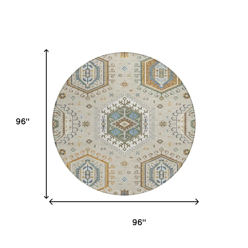 8' Beige And Ivory Round Tribal Washable Indoor Outdoor Area Rug Homeroots Outdoor