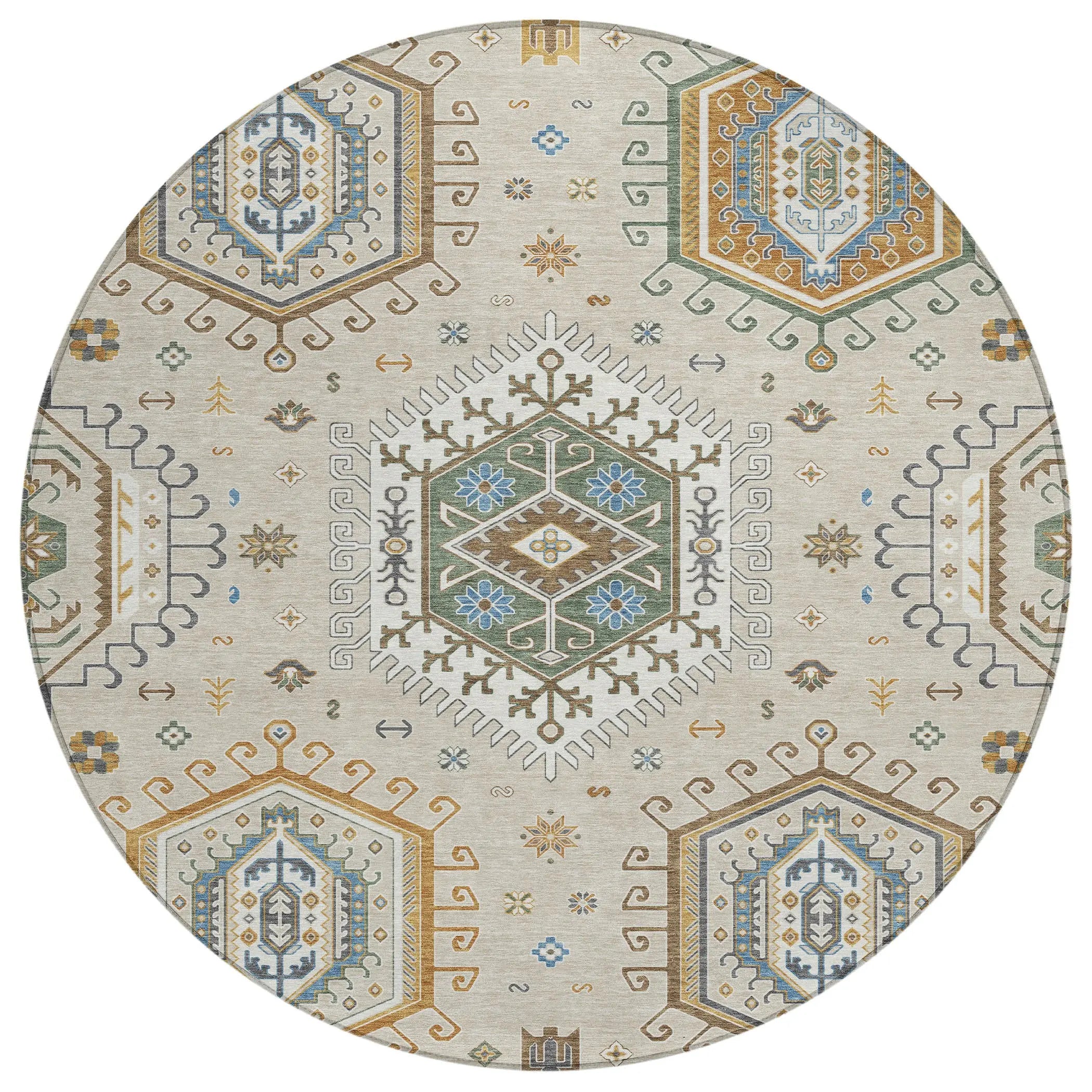 8' Beige And Ivory Round Tribal Washable Indoor Outdoor Area Rug Homeroots Outdoor
