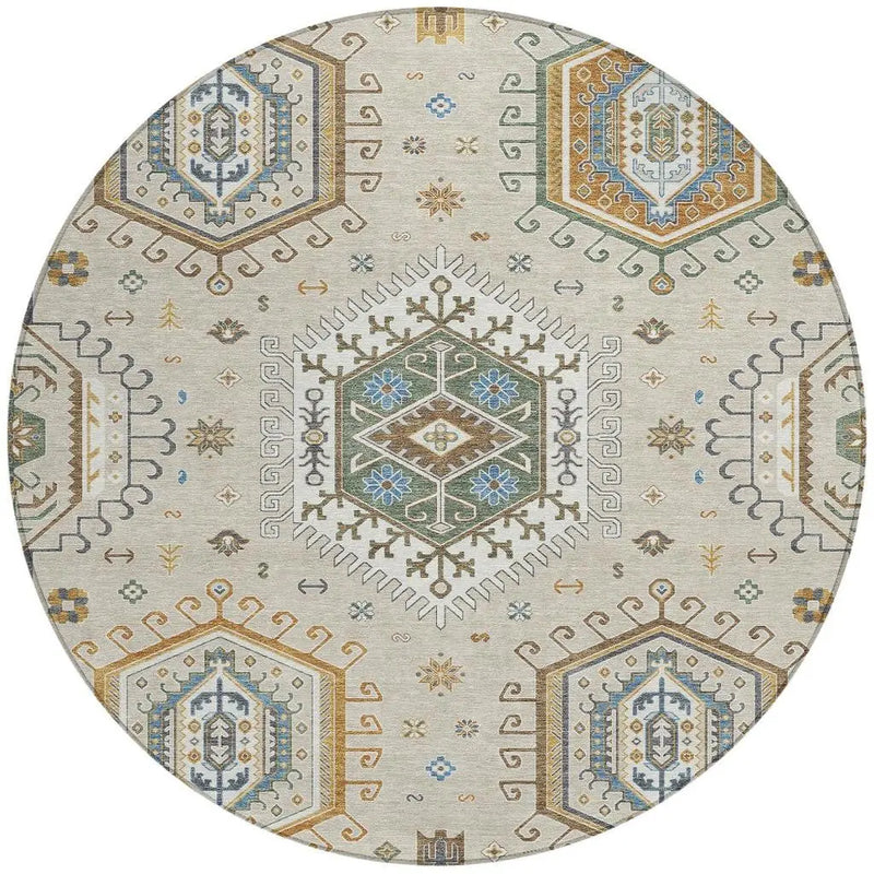 8' Beige And Ivory Round Tribal Washable Indoor Outdoor Area Rug Homeroots Outdoor
