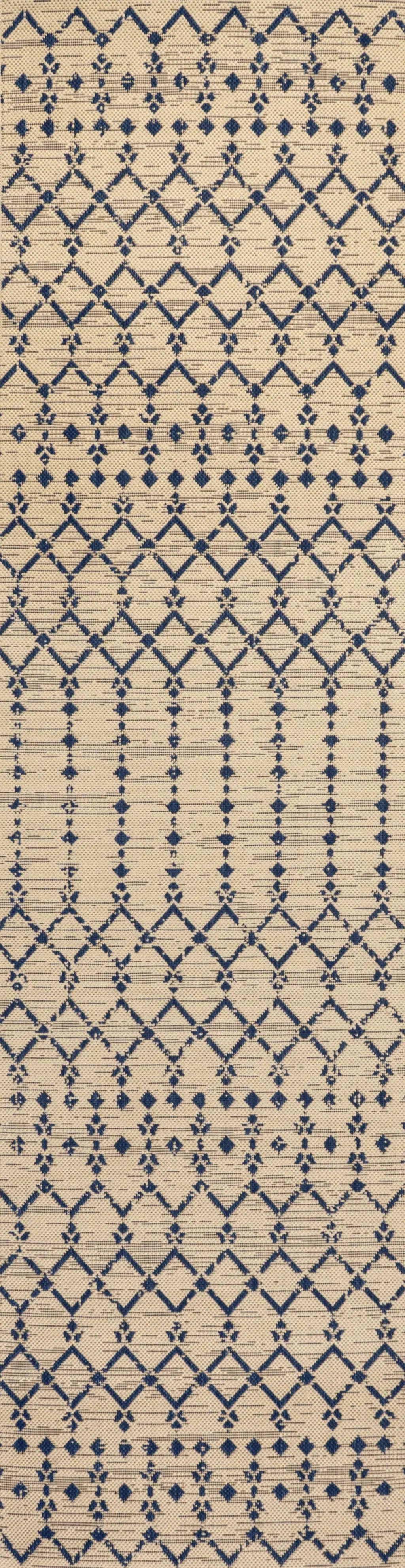 8' Beige And Navy Blue Trellis Indoor Outdoor Runner Rug Homeroots Outdoor