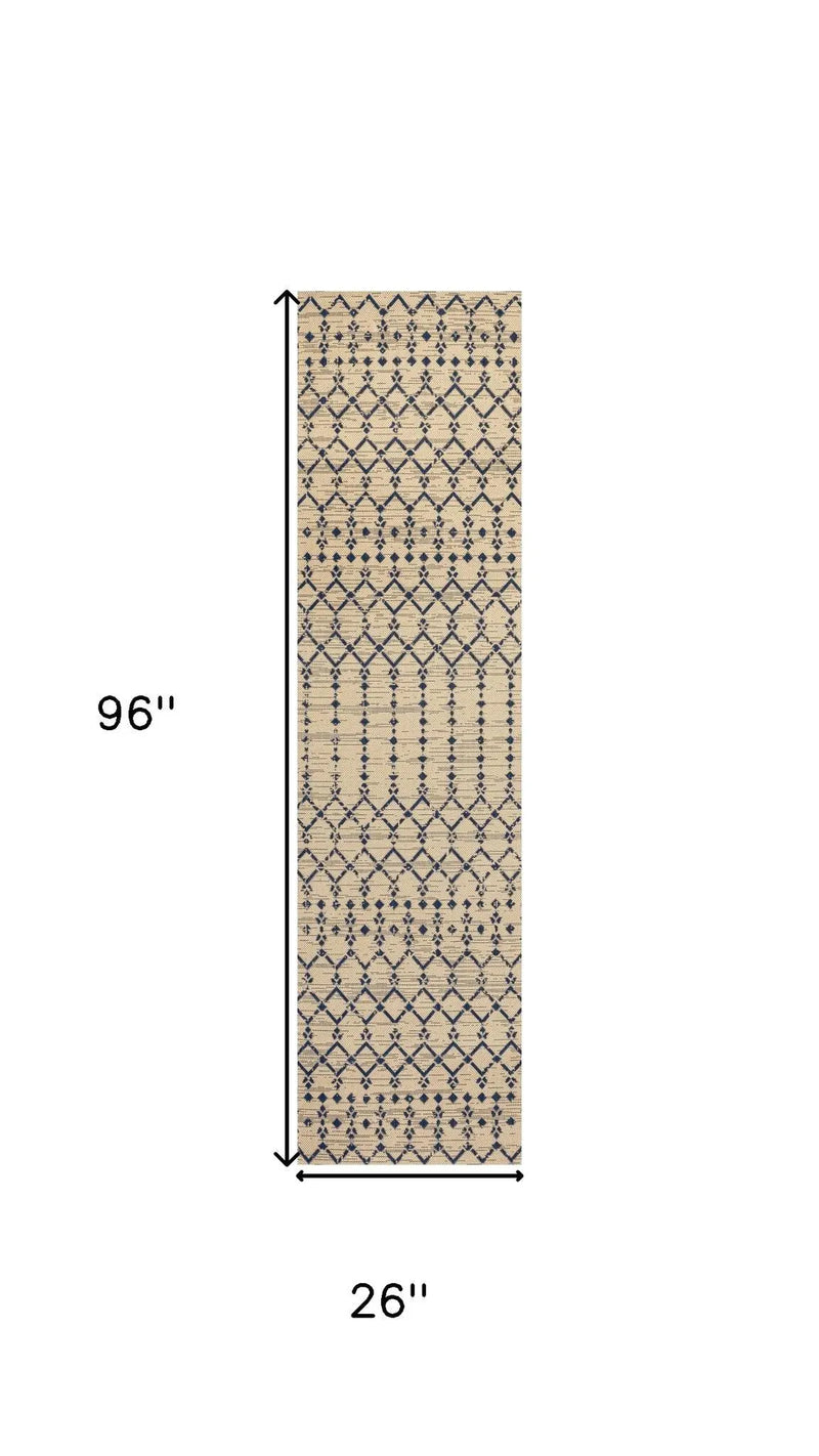 8' Beige And Navy Blue Trellis Indoor Outdoor Runner Rug Homeroots Outdoor
