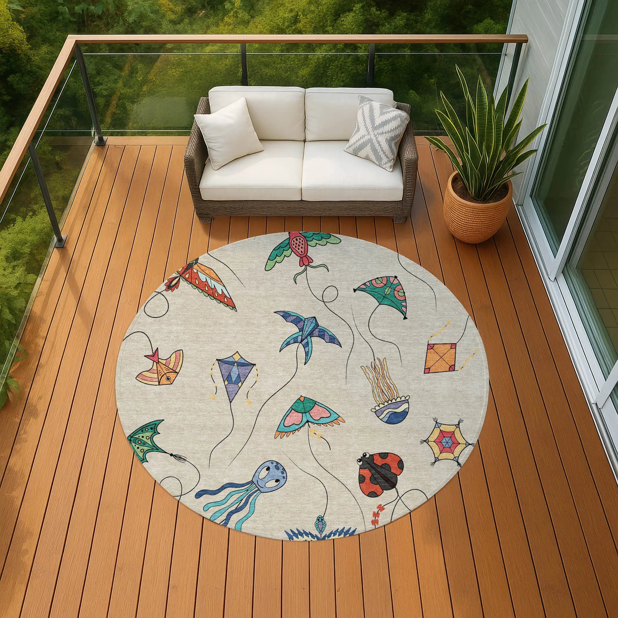 8' Beige And Orange Round Geometric Washable Indoor Outdoor Area Rug Homeroots Outdoor