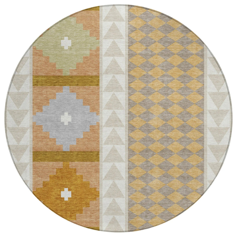8' Beige And Orange Round Southwestern Washable Indoor Outdoor Area Rug Homeroots Outdoor