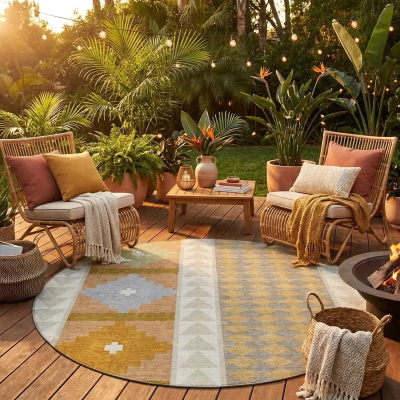 8' Beige And Orange Round Southwestern Washable Indoor Outdoor Area Rug Homeroots Outdoor
