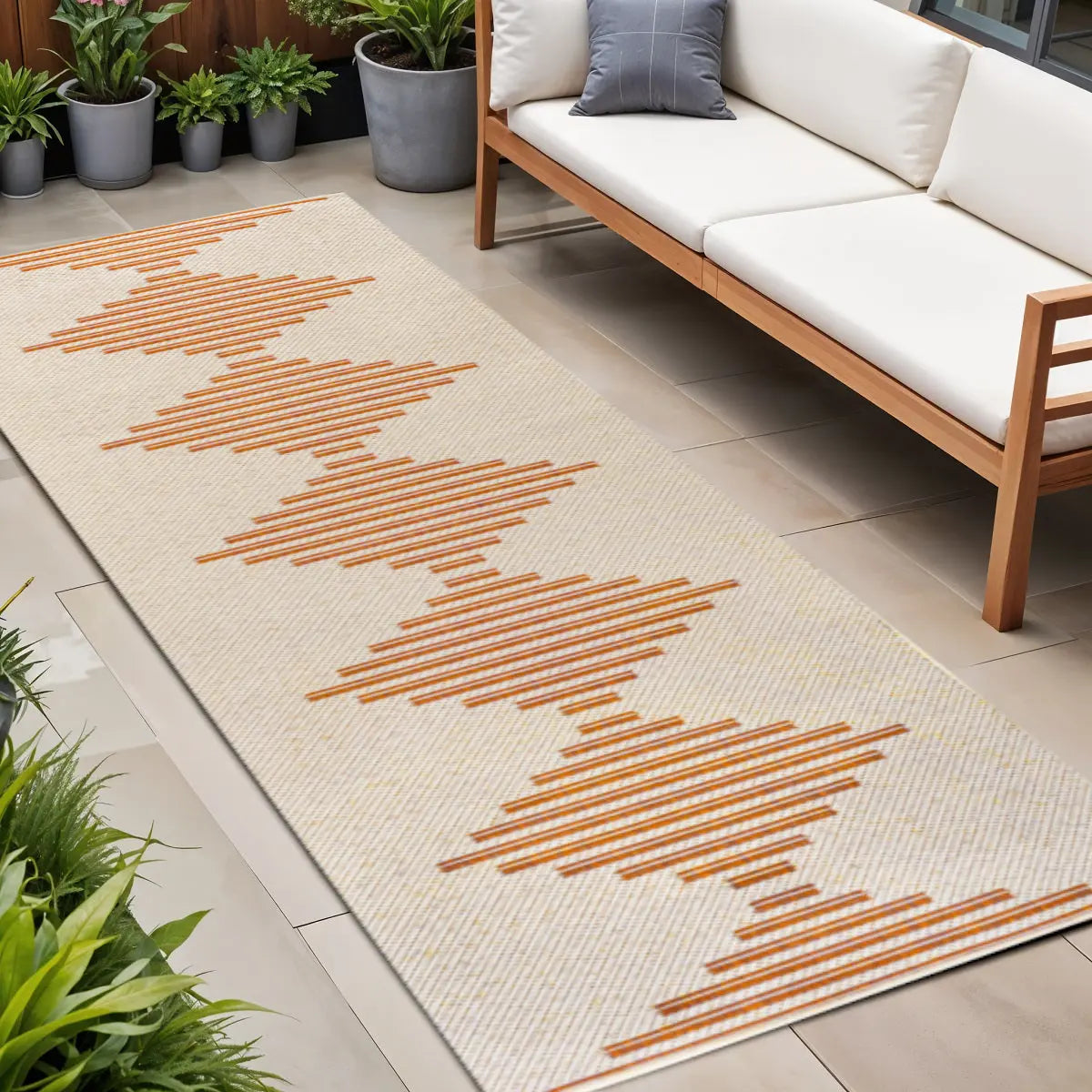 8' Beige And Orange Striped Indoor Outdoor Runner Rug Homeroots Outdoor