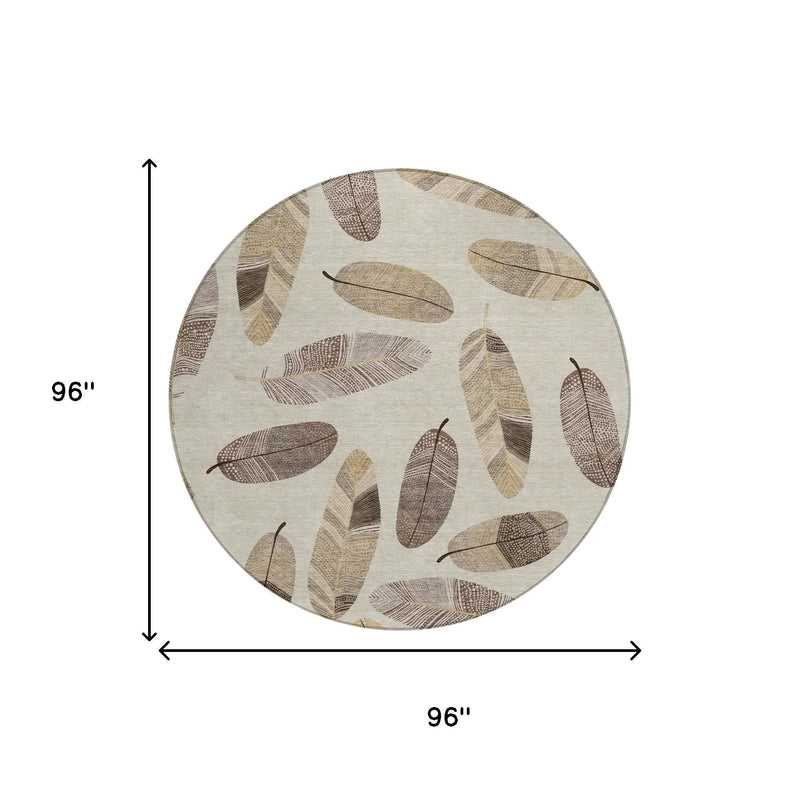 8' Beige And Sky Blue Round Botanical Leaves Washable Indoor Outdoor Area Rug Homeroots Outdoor