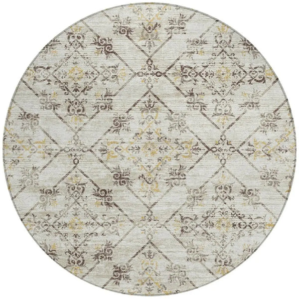 8' Beige And Sky Blue Round Geometric Washable Indoor Outdoor Area Rug Homeroots Outdoor