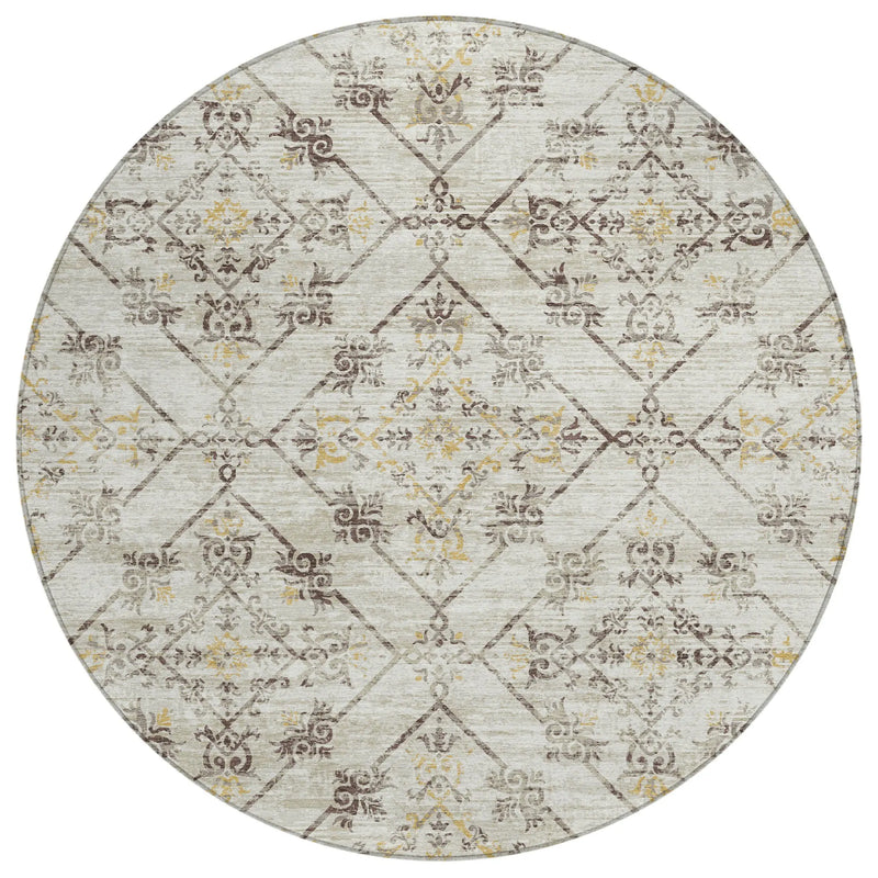 8' Beige And Sky Blue Round Geometric Washable Indoor Outdoor Area Rug Homeroots Outdoor