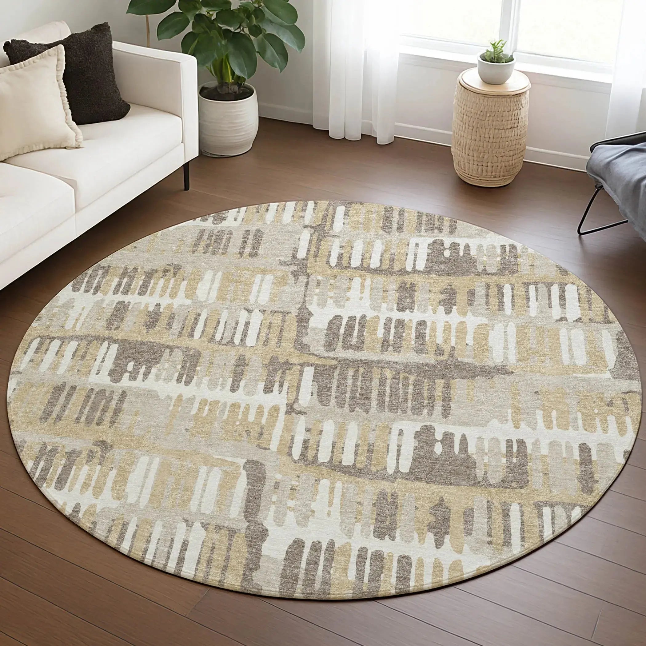 8' Beige And Taupe Round Abstract Washable Indoor Outdoor Area Rug Homeroots Outdoor