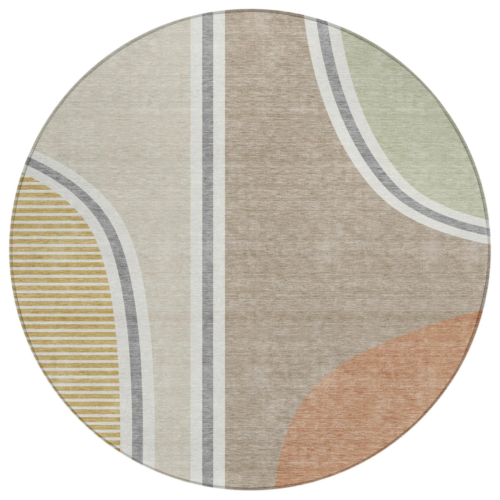 8' Beige And Taupe Round Geometric Washable Indoor Outdoor Area Rug Homeroots Outdoor