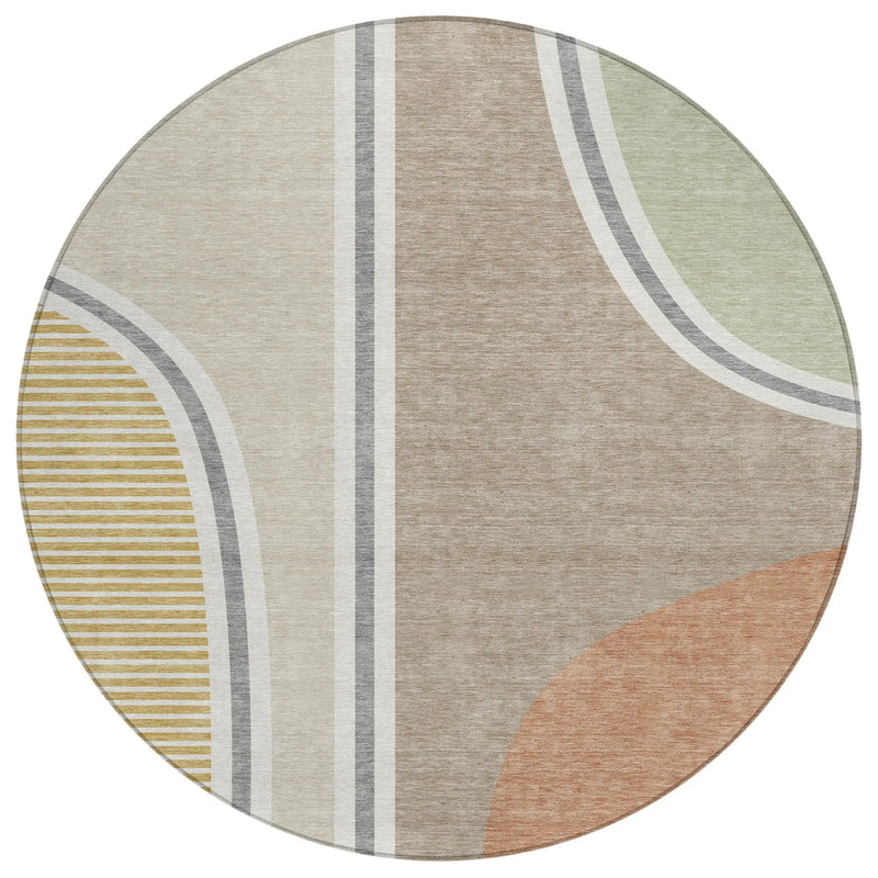 8' Beige And Taupe Round Geometric Washable Indoor Outdoor Area Rug Homeroots Outdoor