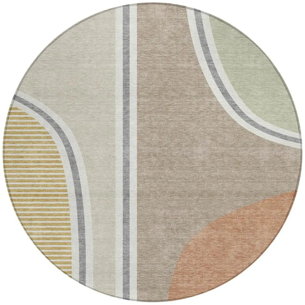 8' Beige And Taupe Round Geometric Washable Indoor Outdoor Area Rug Homeroots Outdoor