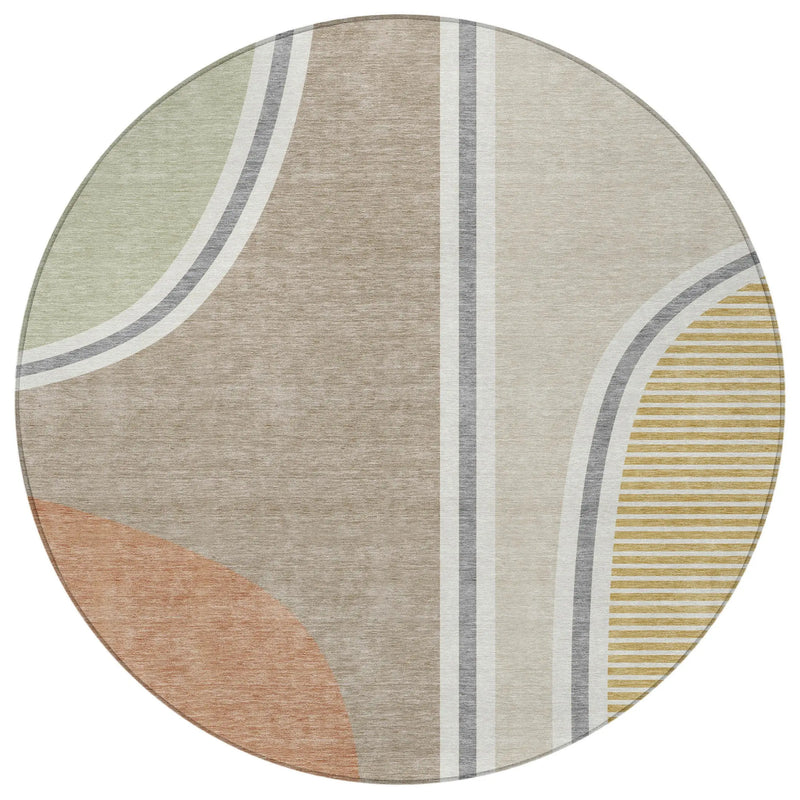 8' Beige And Taupe Round Geometric Washable Indoor Outdoor Area Rug Homeroots Outdoor
