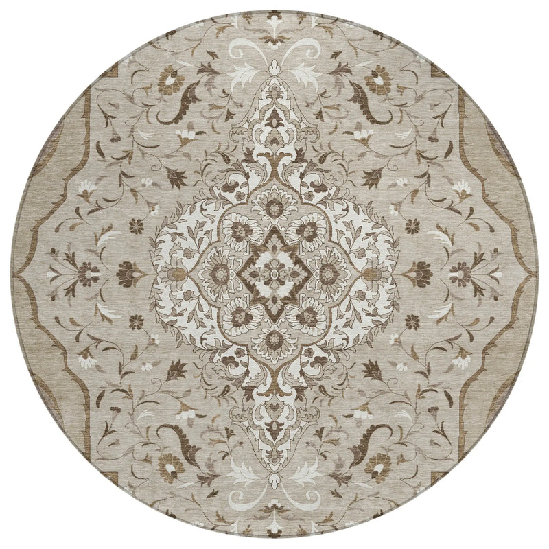 8' Beige And Taupe Round Medallion Washable Indoor Outdoor Area Rug Homeroots Outdoor
