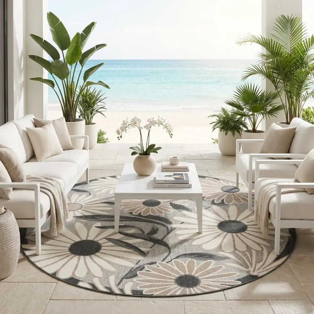 8' Beige Round Floral Indoor Outdoor Area Rug Homeroots Outdoor