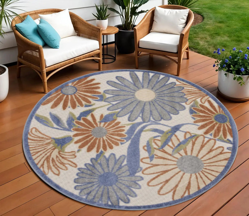 8' Beige Round Floral Indoor Outdoor Area Rug Homeroots Outdoor