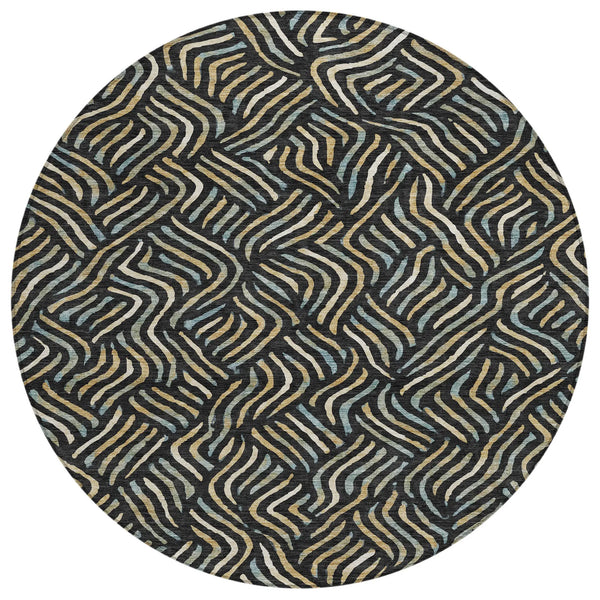 8' Black And Beige Round Abstract Washable Indoor Outdoor Area Rug Homeroots Outdoor