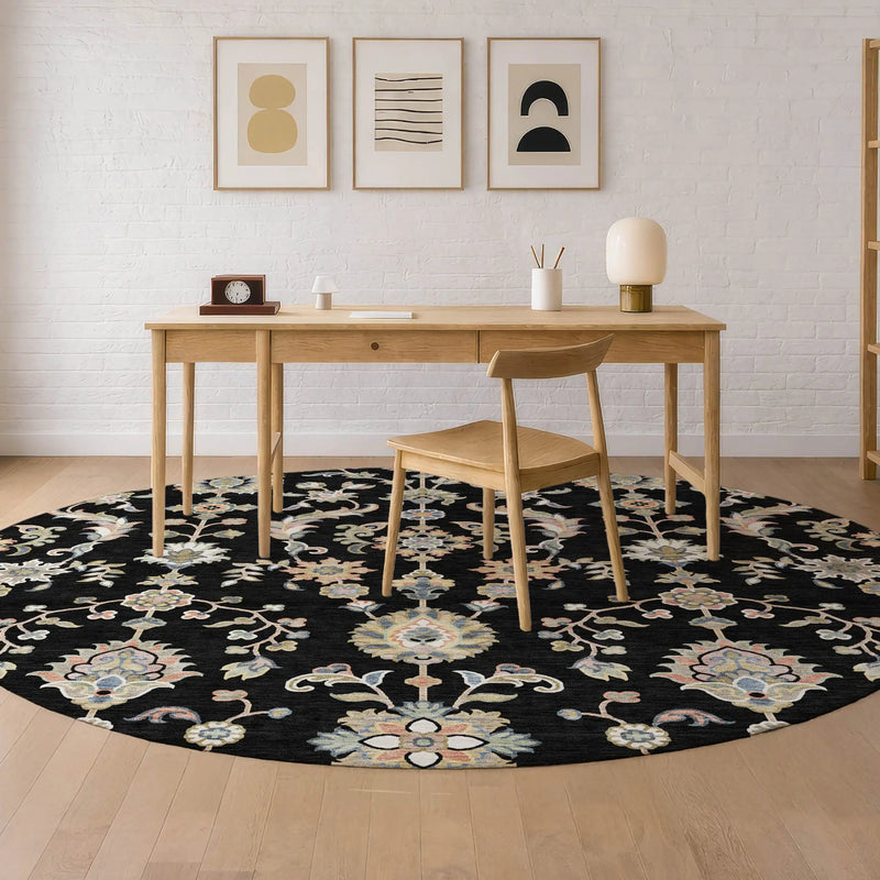8' Black And Beige Round Abstract Washable Indoor Outdoor Area Rug Homeroots Outdoor