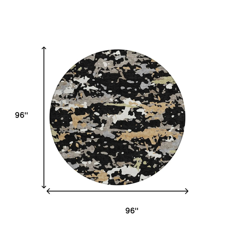 8' Black And Beige Round Abstract Washable Indoor Outdoor Area Rug Homeroots Outdoor