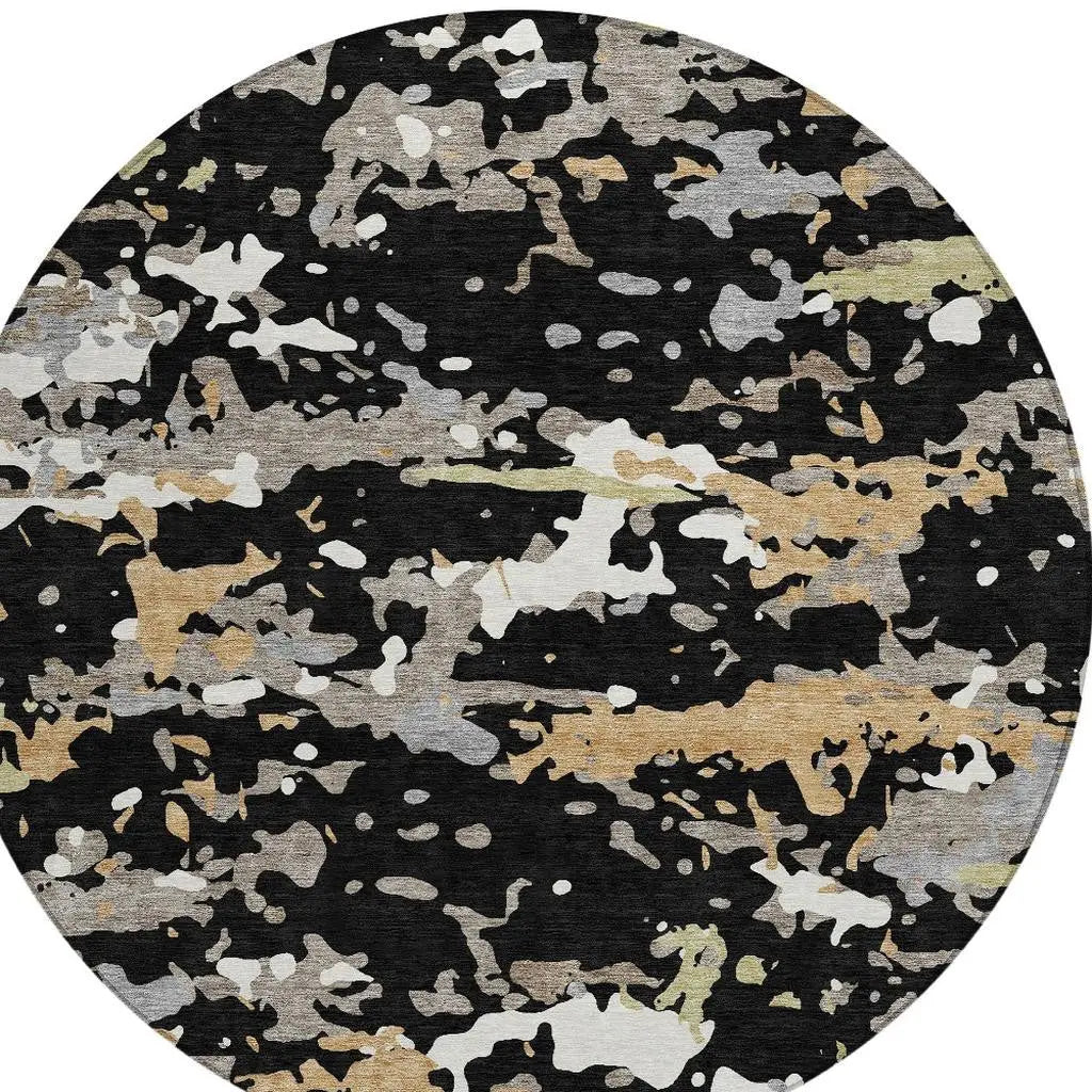 8' Black And Beige Round Abstract Washable Indoor Outdoor Area Rug Homeroots Outdoor