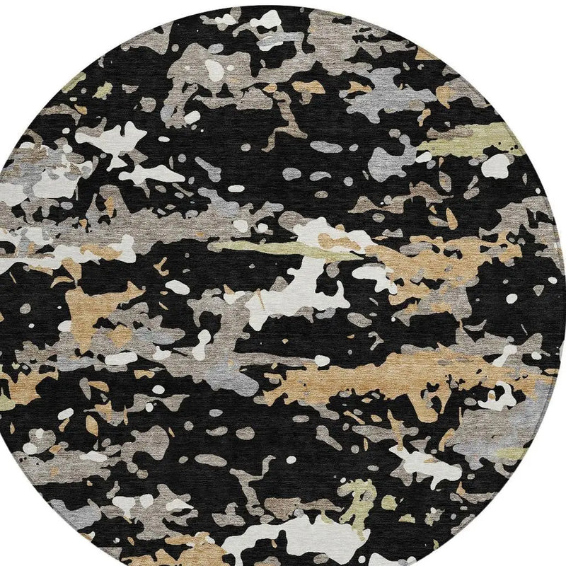 8' Black And Beige Round Abstract Washable Indoor Outdoor Area Rug Homeroots Outdoor