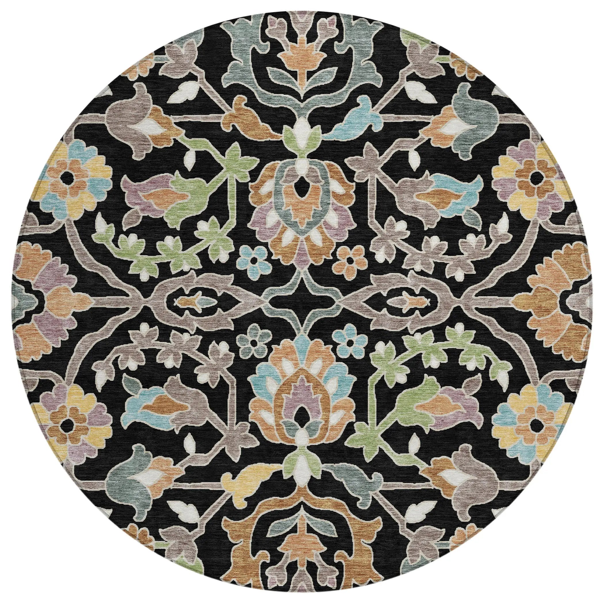 8' Black And Beige Round Floral Washable Indoor Outdoor Area Rug Homeroots Outdoor