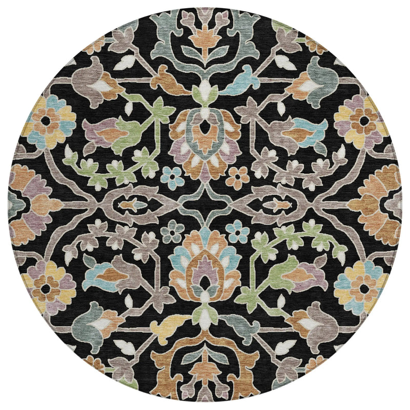 8' Black And Beige Round Floral Washable Indoor Outdoor Area Rug Homeroots Outdoor