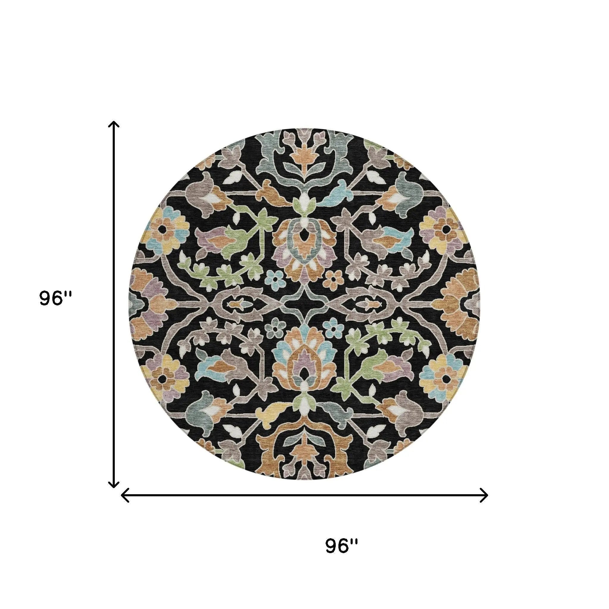8' Black And Beige Round Floral Washable Indoor Outdoor Area Rug Homeroots Outdoor