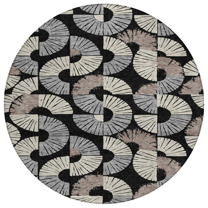 8' Black And Beige Round Geometric Washable Indoor Outdoor Area Rug Homeroots Outdoor
