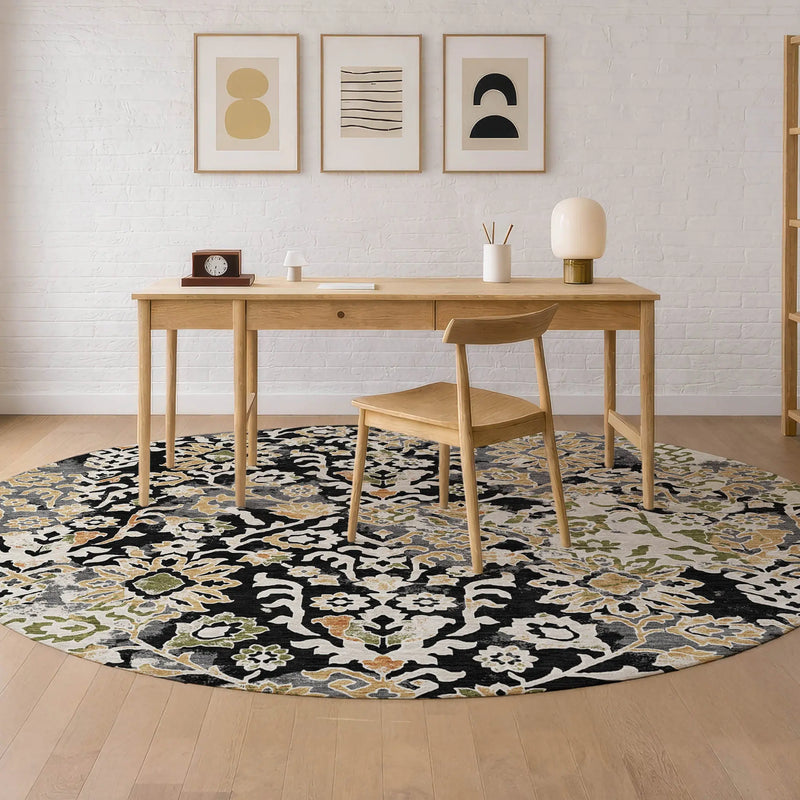 8' Black And Beige Round Geometric Washable Indoor Outdoor Area Rug Homeroots Outdoor