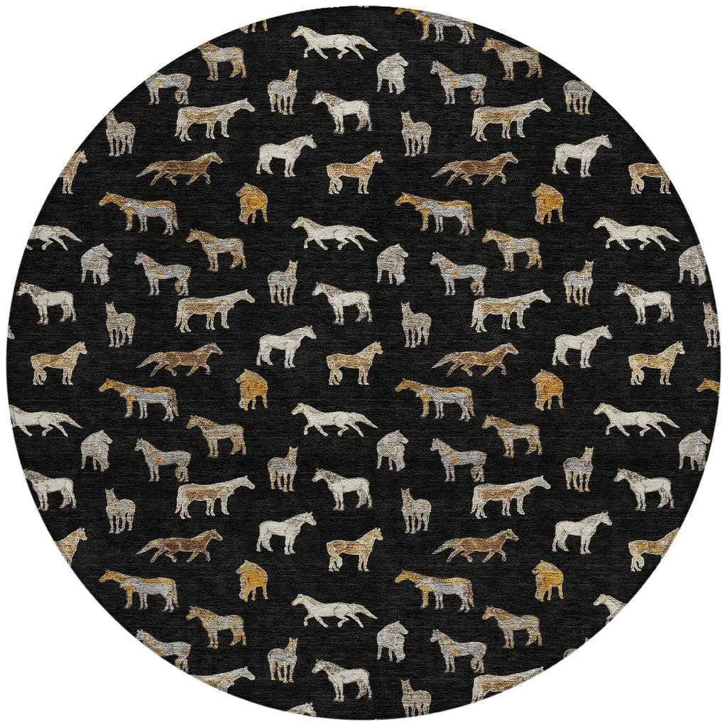 8' Black And Beige Round Horse Washable Indoor Outdoor Area Rug Homeroots Outdoor