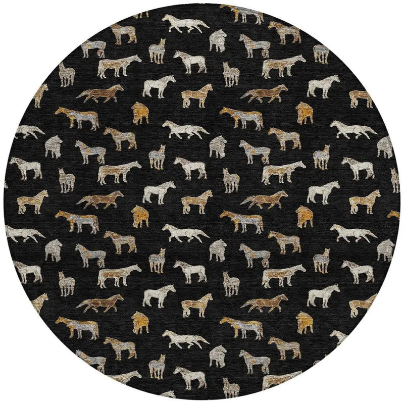 8' Black And Beige Round Horse Washable Indoor Outdoor Area Rug Homeroots Outdoor