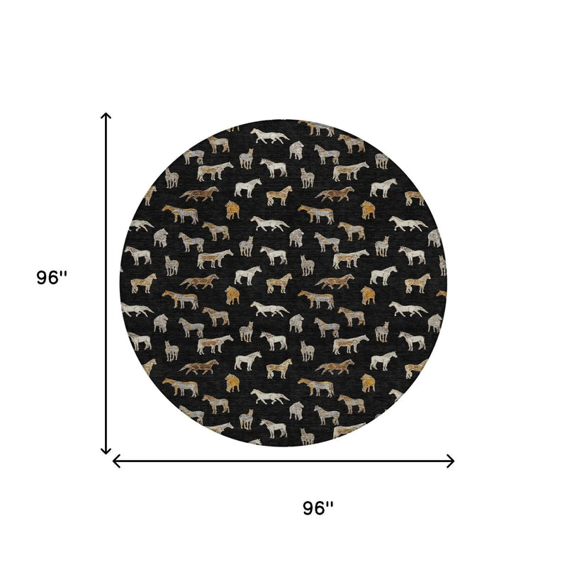 8' Black And Beige Round Horse Washable Indoor Outdoor Area Rug Homeroots Outdoor