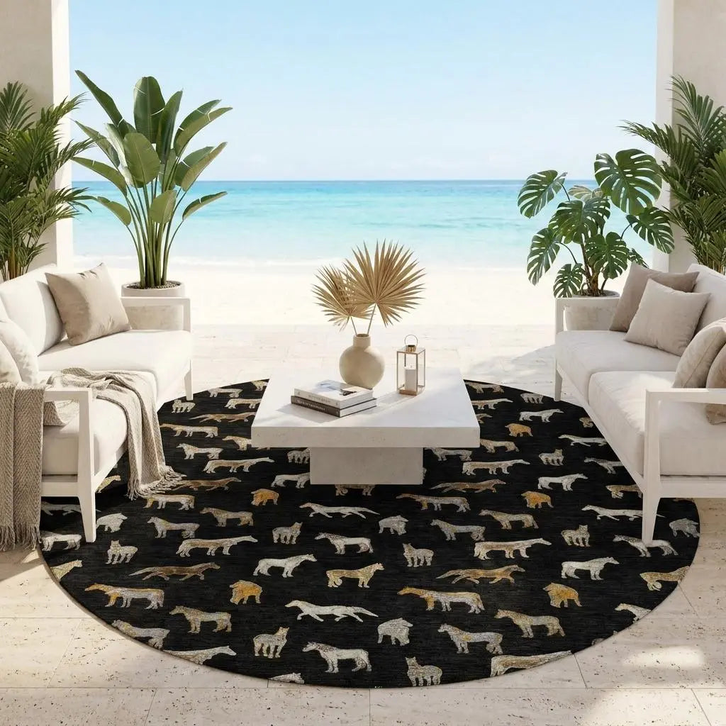 8' Black And Beige Round Horse Washable Indoor Outdoor Area Rug Homeroots Outdoor
