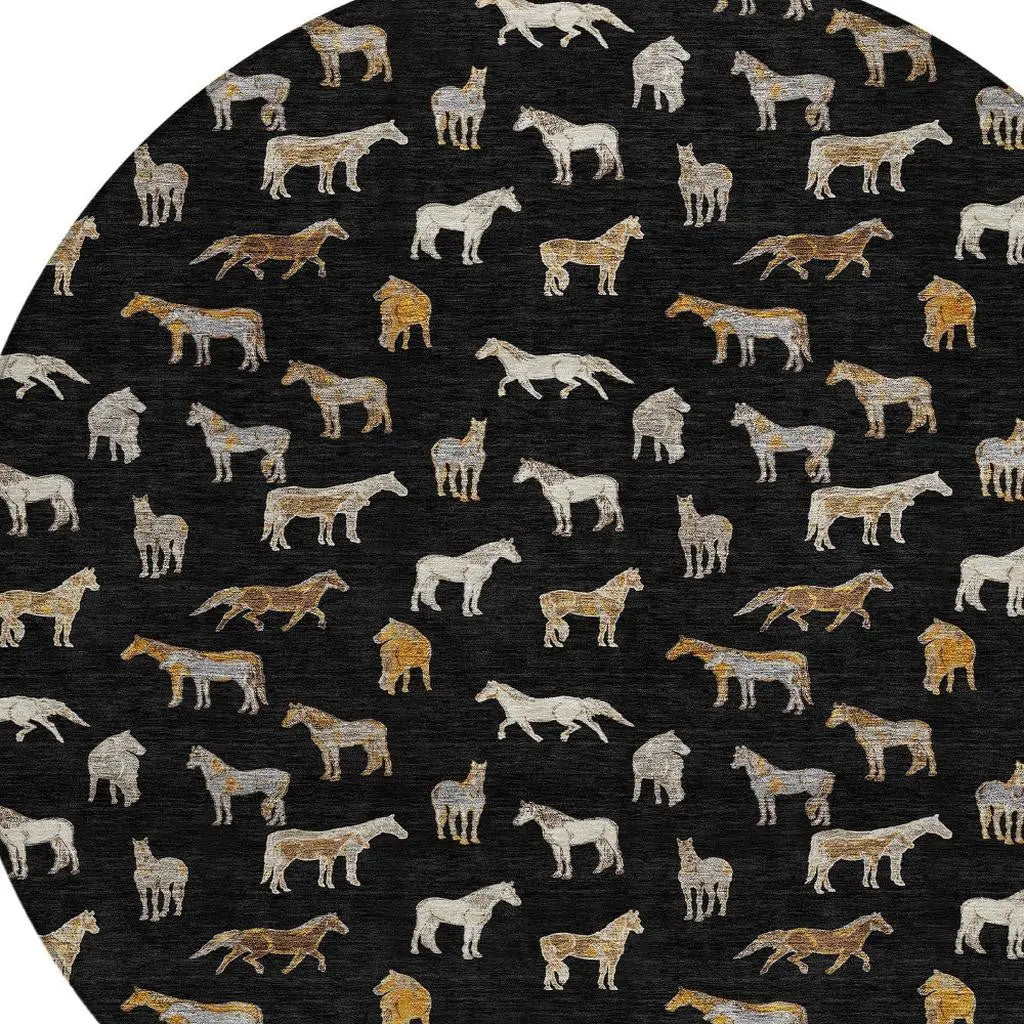 8' Black And Beige Round Horse Washable Indoor Outdoor Area Rug Homeroots Outdoor