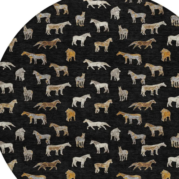 8' Black And Beige Round Horse Washable Indoor Outdoor Area Rug Homeroots Outdoor